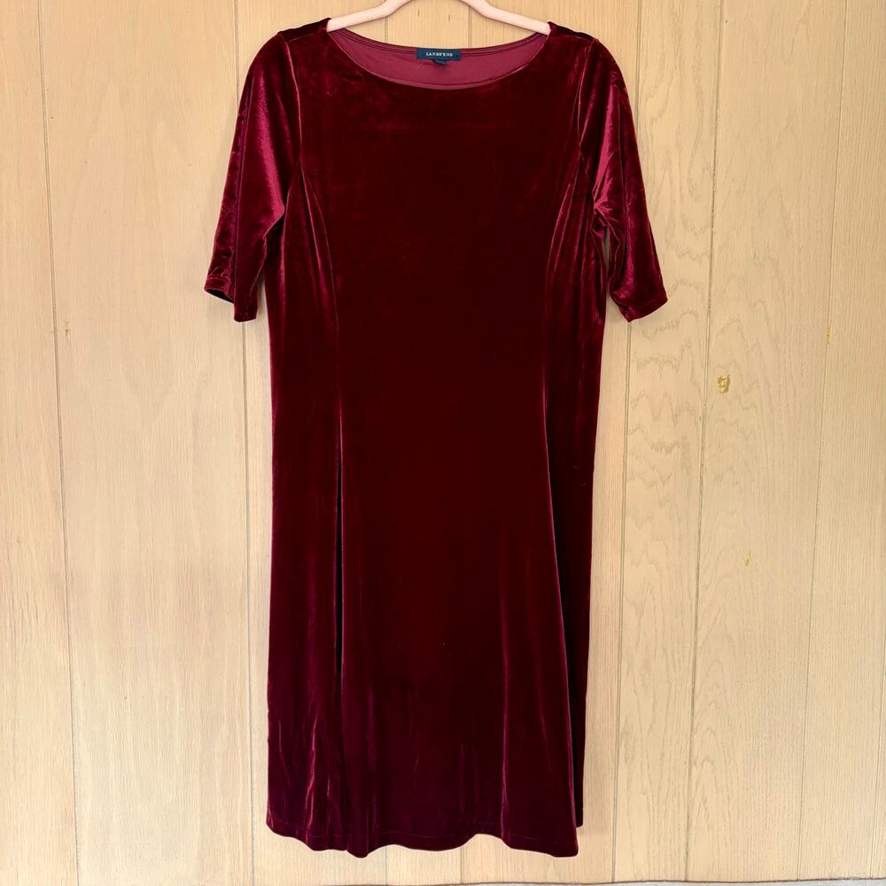 Burgundy Velvet Dress M 10-12 Lands' End Midi Dress Soft Velour Short Sleeve
